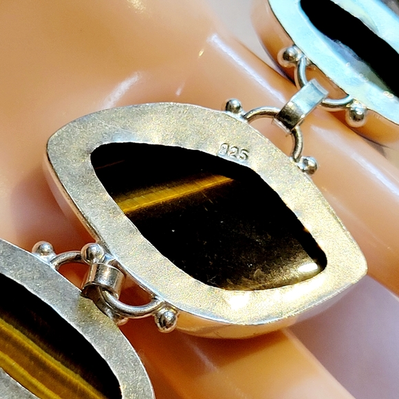Natural Genuine Tiger's Eye 925 Silver Linked Bracelet - Picture 6 of 14